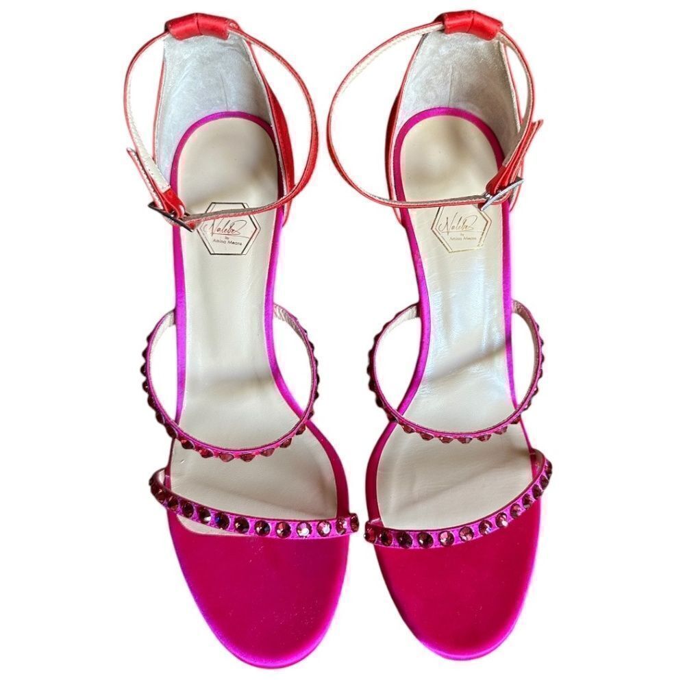 NALEBÉ Malika Dimante Sandal Pink Red Rhinestone Heel Size 39 NEW